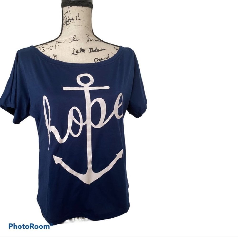 CBR Nautical TEE Shirt semi cropped Blue/White Boat Neck HOPE Short Sleeve Sz S